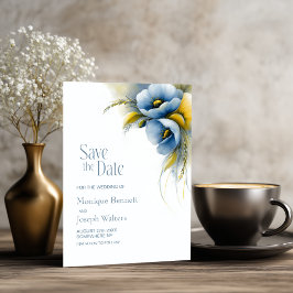 Reserve A Data Casamento Floral Azul e Amarelo Elegante