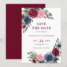 Reserve A Data Casamento Floral Azul e Borgonha Marinho Personali