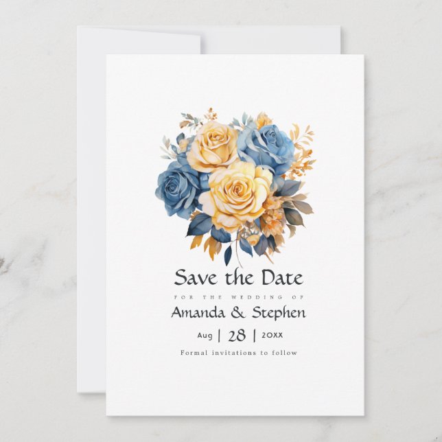 Reserve A Data Casamento Floral Azul e Dourado (Frente)