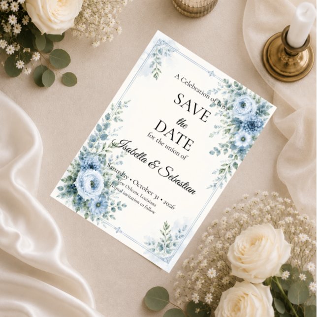 Reserve A Data Casamento Floral Azul Elegante (Criador carregado)