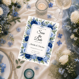 Reserve A Data Casamento Floral Azul Elegante
