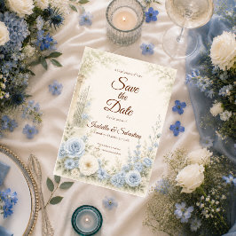Reserve A Data Casamento Floral Azul Elegante
