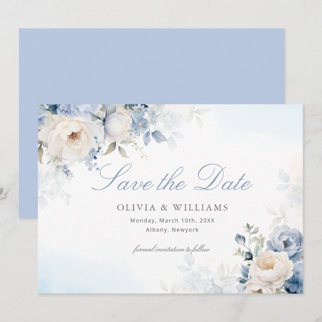 Reserve A Data Casamento Floral Azul Elegante Dusty (Frente/Verso)