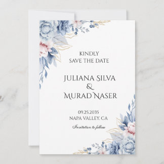 Reserve A Data Casamento Floral Azul Elegante e Empolado