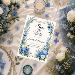 Reserve A Data Casamento Floral Azul Elegante e Empolado