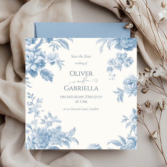 Reserve A Data Casamento Floral Azul Elegante Toile Francês (Criador carregado)