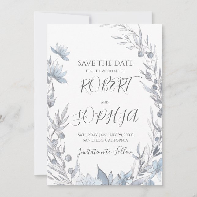 Reserve A Data Casamento Floral Azul Empoeirado (Frente)