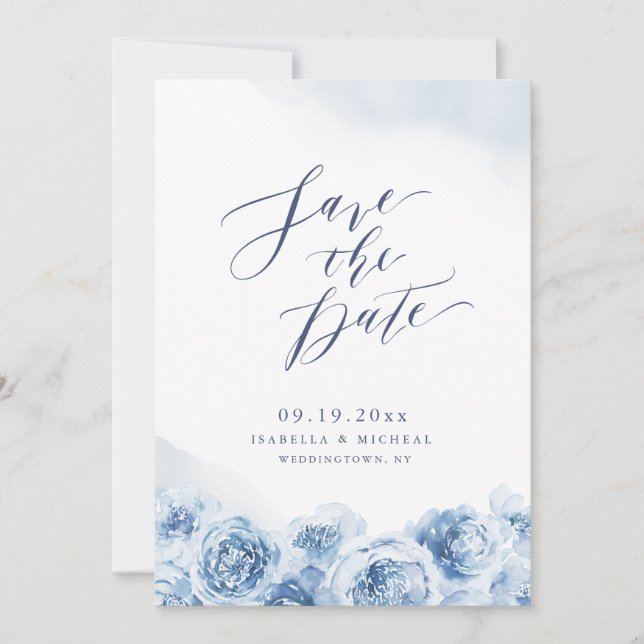 Reserve A Data Casamento floral azul empoeirado com caligrafia el (Frente)