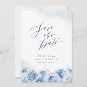 Reserve A Data Casamento floral azul empoeirado com caligrafia el