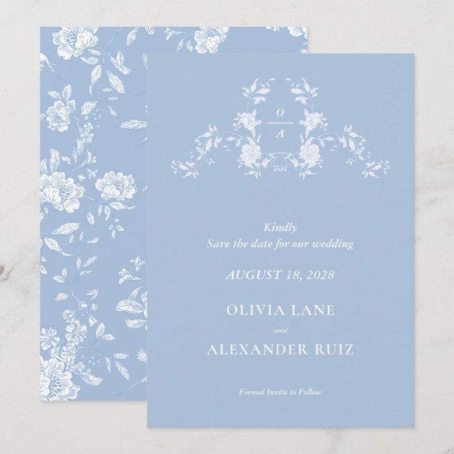 Reserve A Data Casamento Floral Azul Francês Botânico Pássaro (Frente/Verso)
