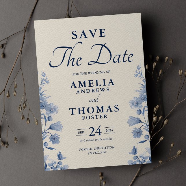Reserve A Data Casamento Floral Azul Francês e Creme Clássico Ele (Criador carregado)
