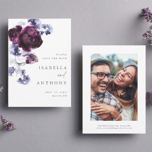 Reserve A Data Casamento Floral Azul-Indígo e Roxo-Púrpura