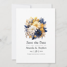 Reserve A Data Casamento Floral Azul Marinho, Branco e Dourado
