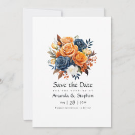 Reserve A Data Casamento Floral Azul Marinho e Laranja