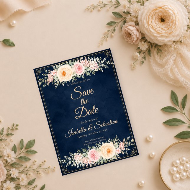 Reserve A Data Casamento Floral Azul Marinho Elegante (Criador carregado)