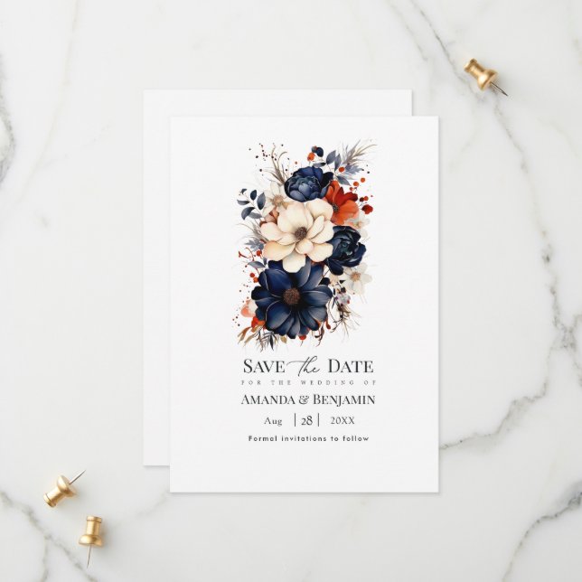 Reserve A Data Casamento Floral Azul Marinho, Laranja Queimada e  (Frente/Verso In Situ)