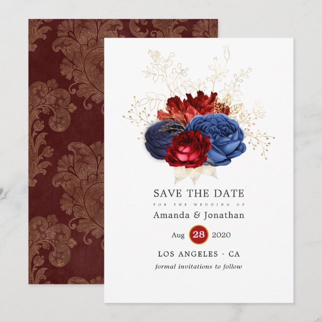 Reserve A Data Casamento Floral Azul Marinho, Vermelho e Dourado (Frente/Verso)