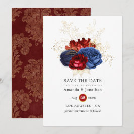 Reserve A Data Casamento Floral Azul Marinho, Vermelho e Dourado