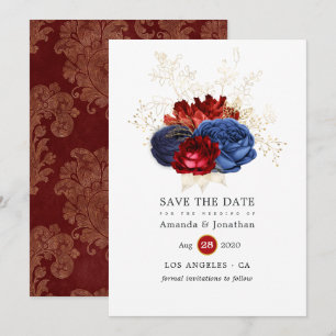 Reserve A Data Casamento Floral Azul Marinho, Vermelho e Dourado