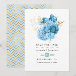 Reserve A Data Casamento Floral Azul Pastel e Dourado