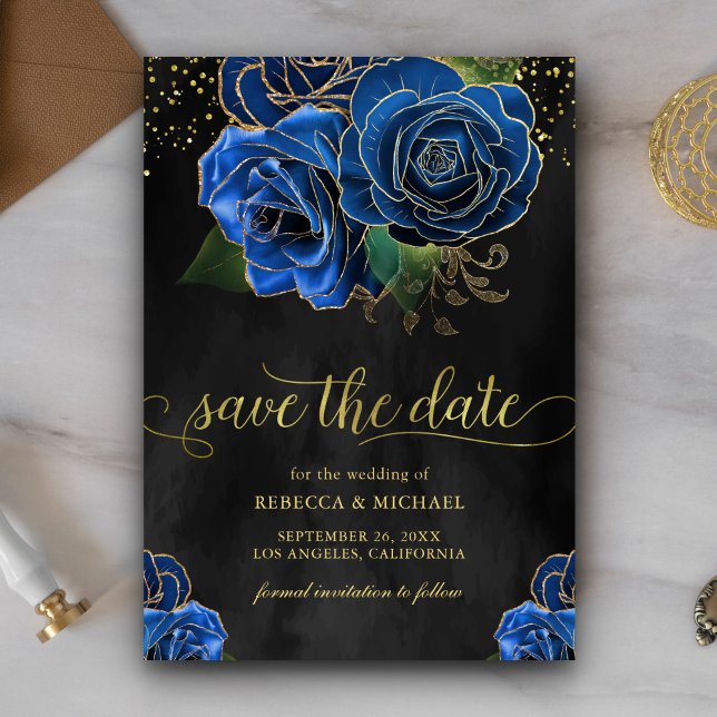 Reserve A Data Casamento Floral Azul Real Dourado Preto Rústico (Criador carregado)