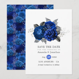 Reserve A Data Casamento Floral Azul Real, Preto e Prata
