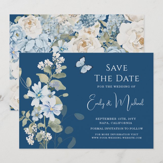 Reserve A Data Casamento Floral Azul Romântico e Empolado (Frente/Verso)