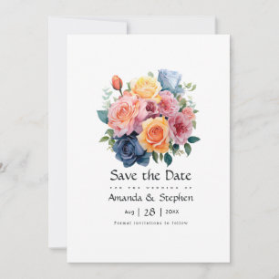 Reserve A Data Casamento Floral Azul, Rosa, Laranja e Verde