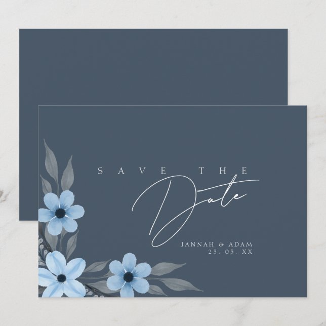 Reserve A Data Casamento Floral Azul Simples (Frente/Verso)