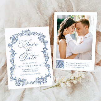 Reserve A Data Casamento Floral Azul Vitoriano com Código QR Eleg