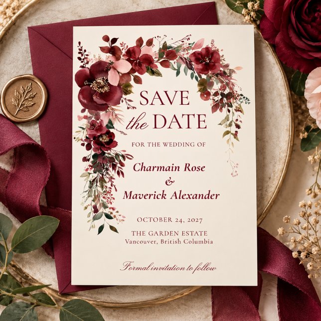 Reserve A Data Casamento Floral Bege Borgonha (Criador carregado)