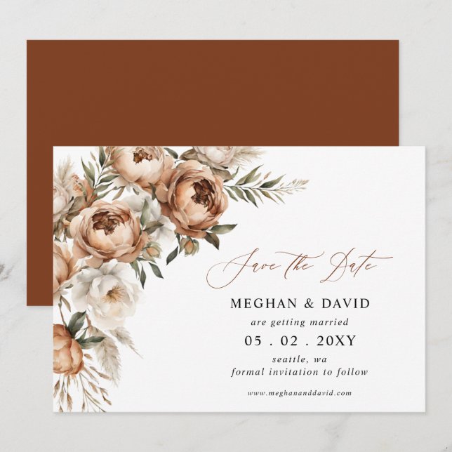 Reserve A Data Casamento Floral Boho Outono Pampas Terracota Rúst (Frente/Verso)