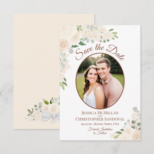 Reserve A Data Casamento Floral Boho Oval Foto Champanhe Pêssego (Frente/Verso)