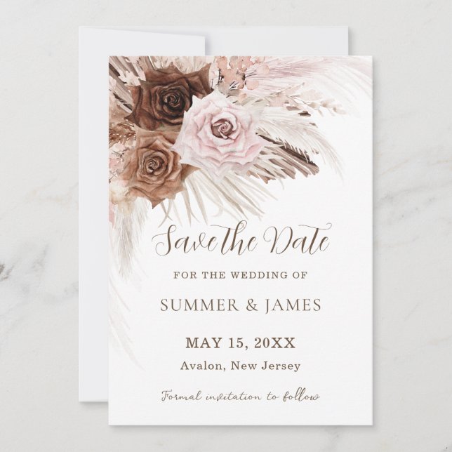 Reserve A Data Casamento Floral Boho Pó Rosa Marrom Grama de Pamp (Frente)