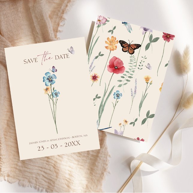 Reserve A Data Casamento Floral Borboleta Flor Simples Azul Selva (Simple Blue Wildflower Butterfly Floral Wedding Save The Date)