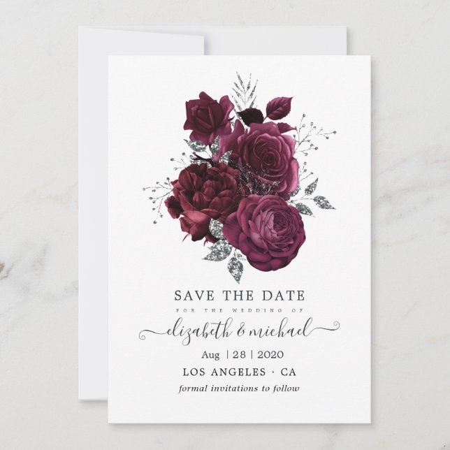 Reserve A Data Casamento Floral Borgonha e Prata (Frente)