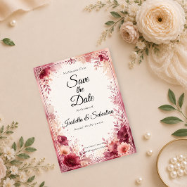 Reserve A Data Casamento Floral Borgonha Romântico