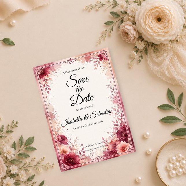 Reserve A Data Casamento Floral Borgonha Romântico (Criador carregado)