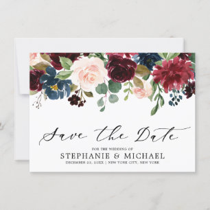 Reserve A Data Casamento Floral Botânico Azul-Marinho Blush