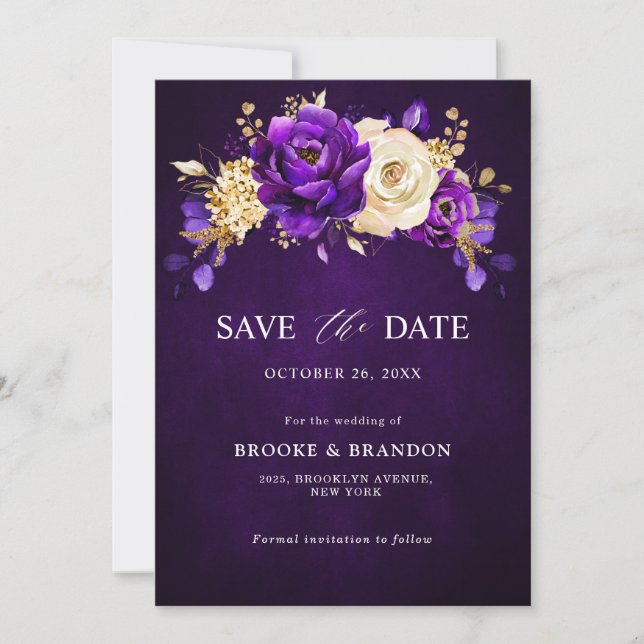 Reserve A Data Casamento Floral Botânico Roxo Real Dourado  (Frente)
