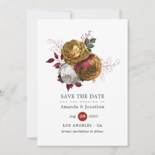 Reserve A Data Casamento Floral Branco, Borgonha e Dourado