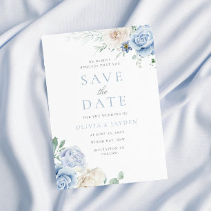 Reserve A Data Casamento Floral Branco e Azul Botânico