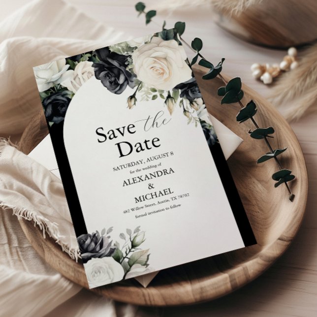 Reserve A Data Casamento Floral Branco e Preto Elegante (Criador carregado)