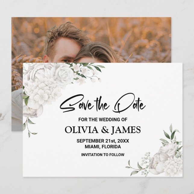 Reserve A Data Casamento Floral Branco Personalizado (Frente/Verso)
