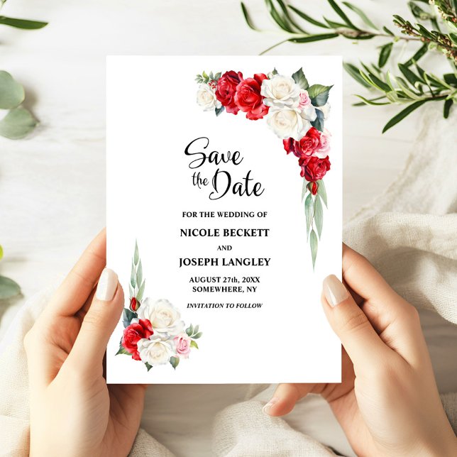 Reserve A Data Casamento Floral Branco Vermelho Salvar a Data (Criador carregado)