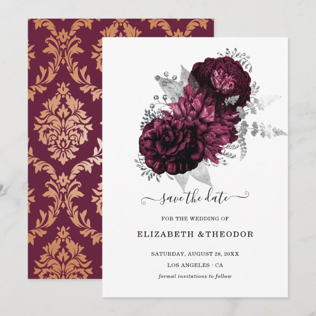 Reserve A Data Casamento Floral Burgundy com detalhes de Damask (Frente/Verso)