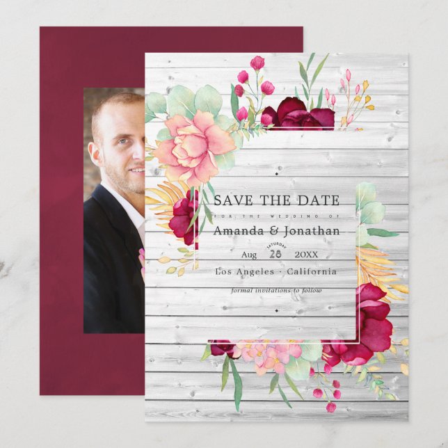 Reserve A Data Casamento Floral Burgundy e Blush em Celeiro Rústi (Frente/Verso)
