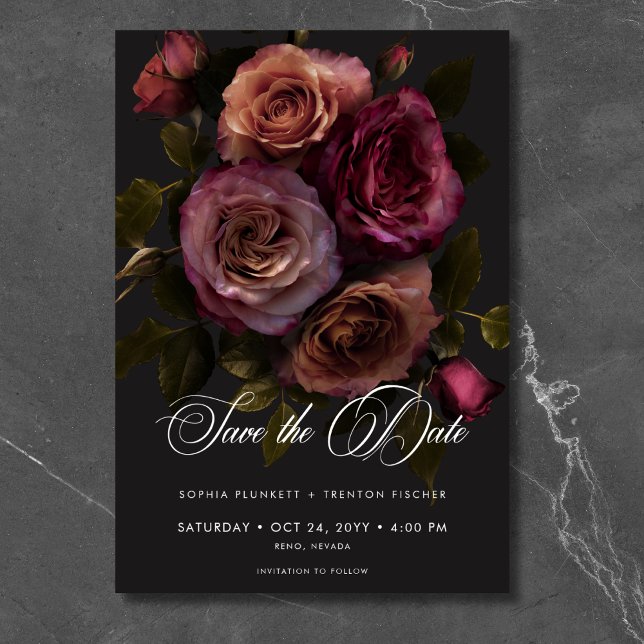 Reserve A Data Casamento Floral Burgundy e Ferrugem Silenciado El (Elegant Moody Muted Rust & Burgundy Floral Wedding Save The Date)