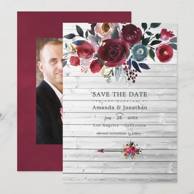 Reserve A Data Casamento Floral Burgundy e Naval Boho Chic Rústic (Frente/Verso)