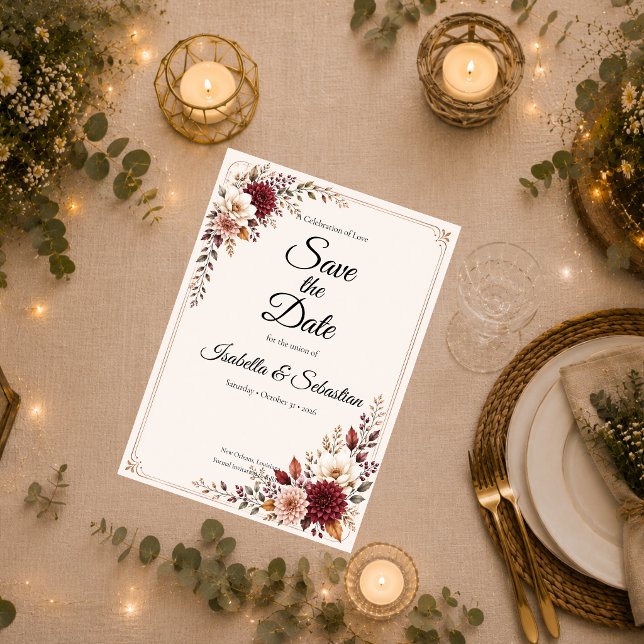 Reserve A Data Casamento Floral Burgundy Rústico (Criador carregado)